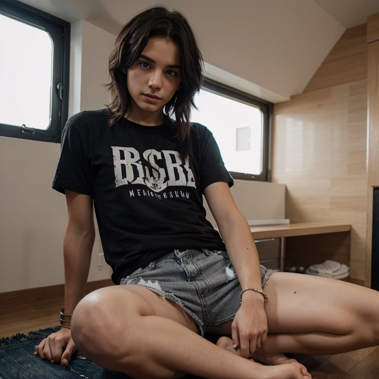 photo, guy, black shaggy hair, gray t-shirt, black shorts, bracelet, Blue eyes