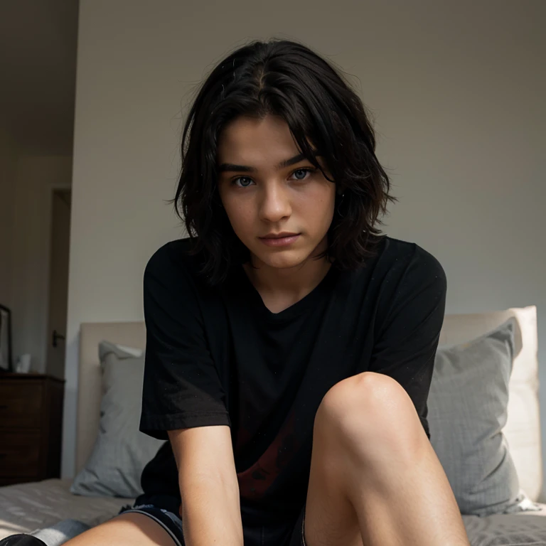 photo, 15 year old guy, black shaggy hair, gray t-shirt, black shorts, bracelet, Blue eyes