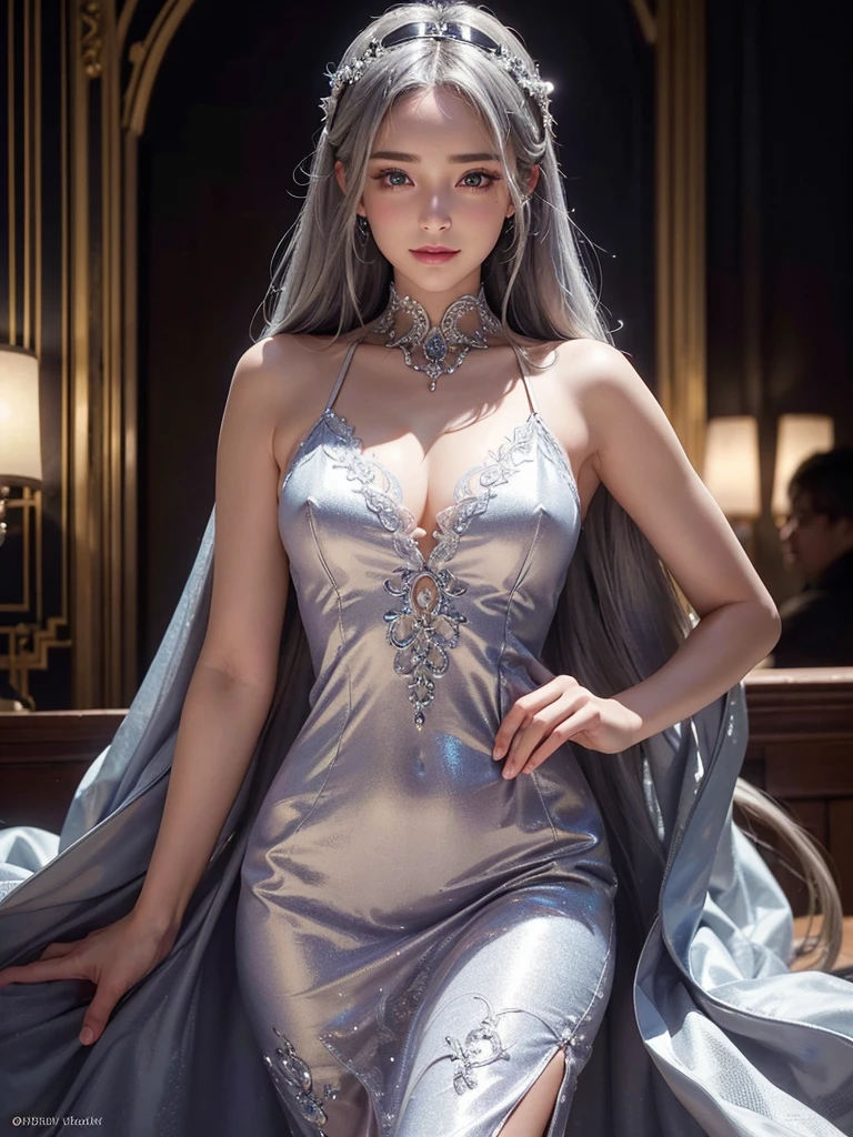 intricate detail, masterpiece, best quality, extremely detailed,cinematic lighting, beautiful detailed glow, finely detailed beautiful face and eyes, smile , long smooth shiny silver hair, Realistic lighting, pretty face , Body perfect anatomy,Top Quality, Top resolution, realistic , Cinematic, Aesthetic, beautiful girl , full body , wearing a long shiny lavender slip silk dress