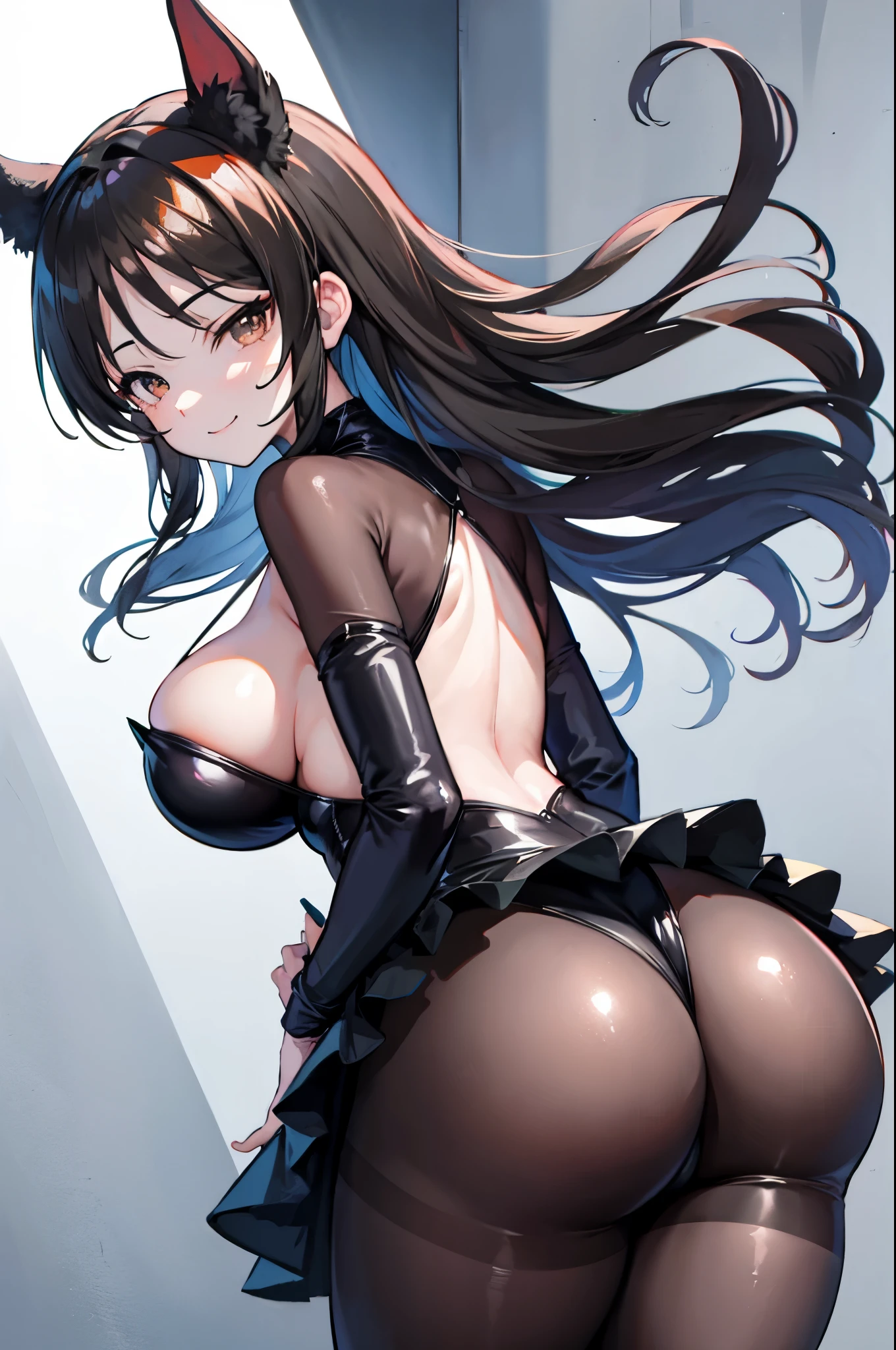 Carefully draw the face anime style face big breasts big butt plump thighs black leotard black pantyhose smile succubus back view