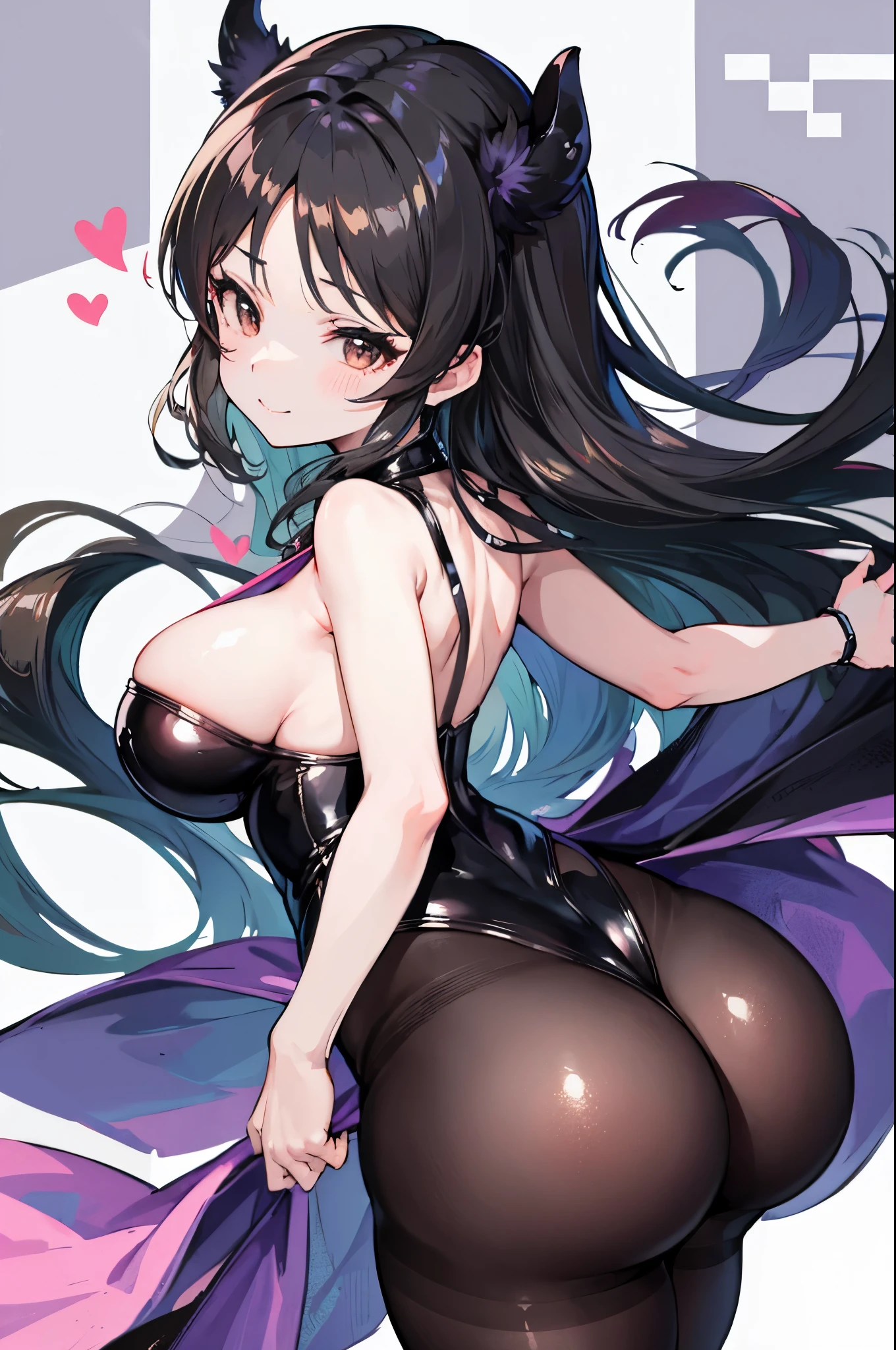 Carefully draw the face　anime style face　big breasts　big butt　plump thighs　black leotard　black pantyhose　smile　succubus　back view