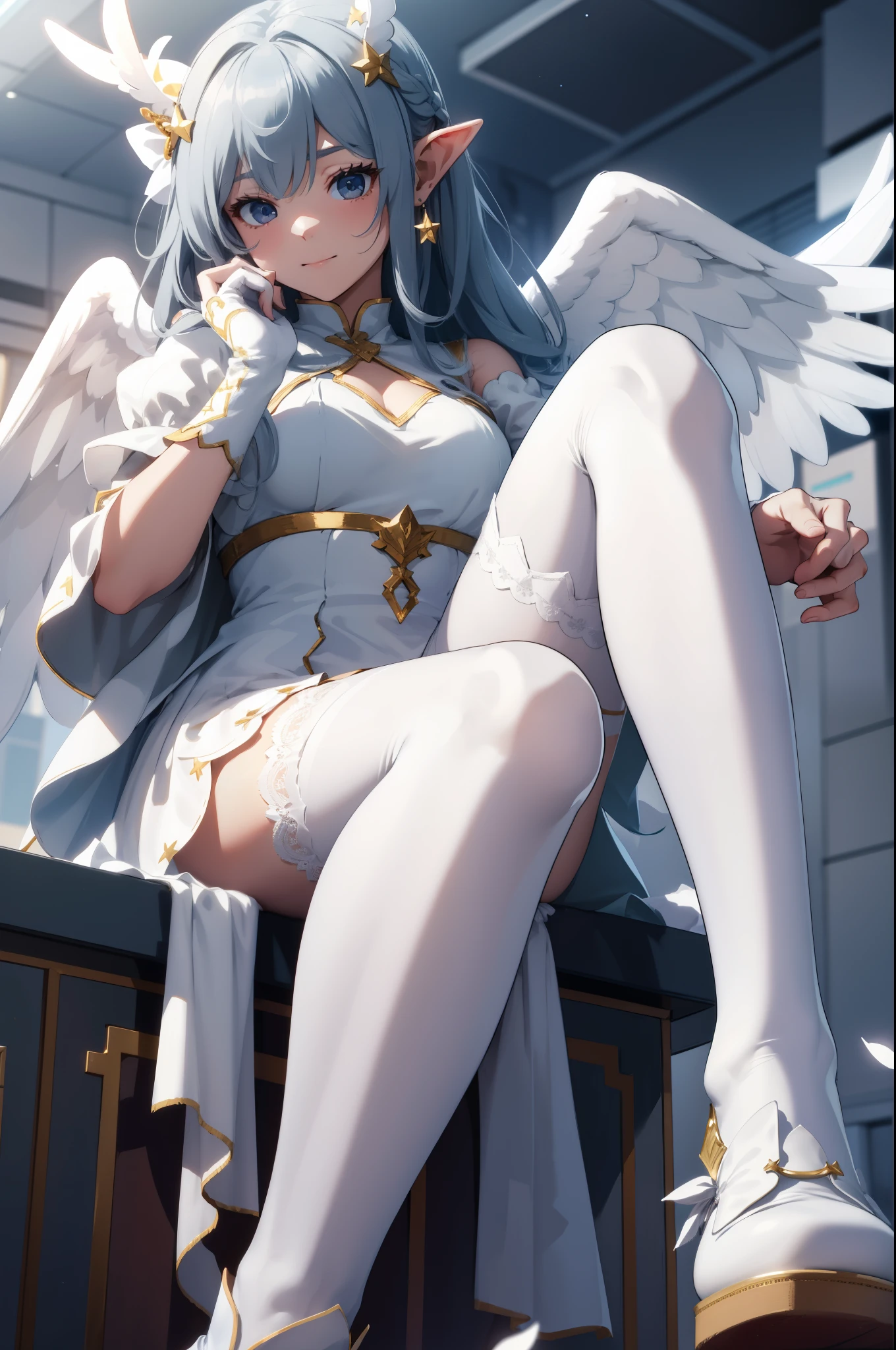 giant girl 50,000 feet high,Weight 1000kg,Has a pair of huge white angel wings,With huge devil horns on his head,crown on head,Elf wearing white earrings,She has long white hair that reaches her feet,loose hair,White wavy long curly hair,Wearing a pair of white boots,White lace gloves,White lace pantyhose,Pantyhose with bow and star decorations,白色蕾丝whole body,Standing upright on a small city,Beautiful appearance,Exquisite makeup,quality,8k,高quality,Perfect proportion, Cinema lighting,film grain,Fuji colors,8k,textured skin,Super details,high detail,high resolution,fake smile,blood stains,脚底有blood stains,whole body,Obese,Princess,feather,flowers,Sitting elegantly on a tall building,Touching face with hands