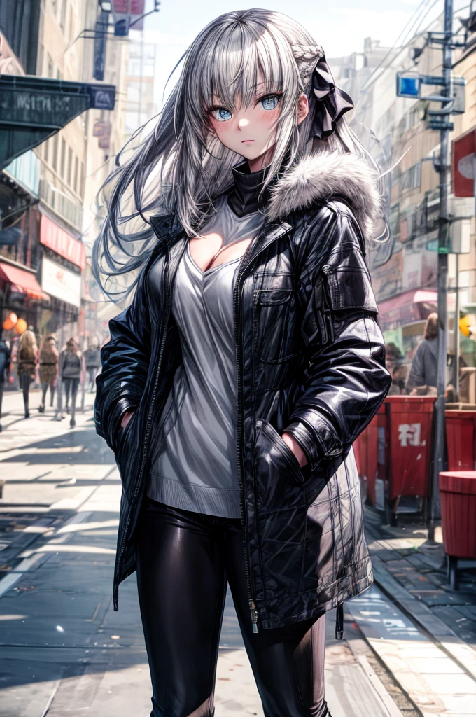 （Enrich the picture，Masterpiece level quality）Beautiful 8K CG artwork,1girl,solo,morgan le fay (fate),detailed face, perfect face, perfect eyes,blue eyes,Long Hair, pony tail,Very long hair, big boob, black bow,Hair Bow, thighs,side locks, French braid, grey hair,Slim and soft,big breasts,black denim short shorts,black thigh boots,