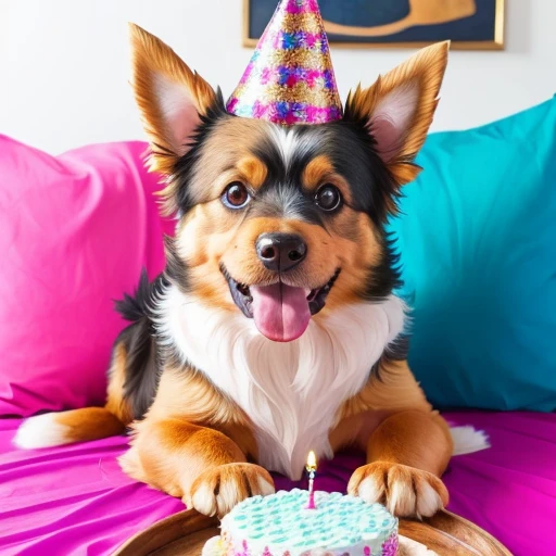 Baby yorkshire Terrier, collie or border collie with tongue out mouth open, Golden Retriever,  dog with its front paws on the table in front of an incredible birthday cake he has a birthday hat on his head the wall in the background has lots of birthday decorations. ((wearing clothes from the Character Jeannie is a genius, usando roupas da moda , wearing Arabic dancer clothes)), dog making a mess in the house, puppy dog tearing up pillow, bedsheet, dog biting shoe. Dog in a championship for the best pet in the world.