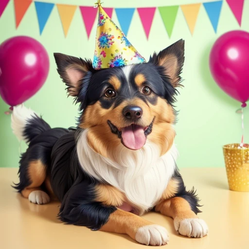 Baby yorkshire Terrier, collie or border collie with tongue out mouth open, Golden Retriever, dog with its front paws on the table in front of an incredible birthday cake he has a birthday hat on his head the wall in the background has lots of birthday decorations. ((wearing clothes from the Character Jeannie is a genius, usando roupas da moda , wearing Arabic dancer clothes)), dog making a mess in the house, puppy dog tearing up pillow, bedsheet, dog biting shoe. Dog in a championship for the best pet in the world.
