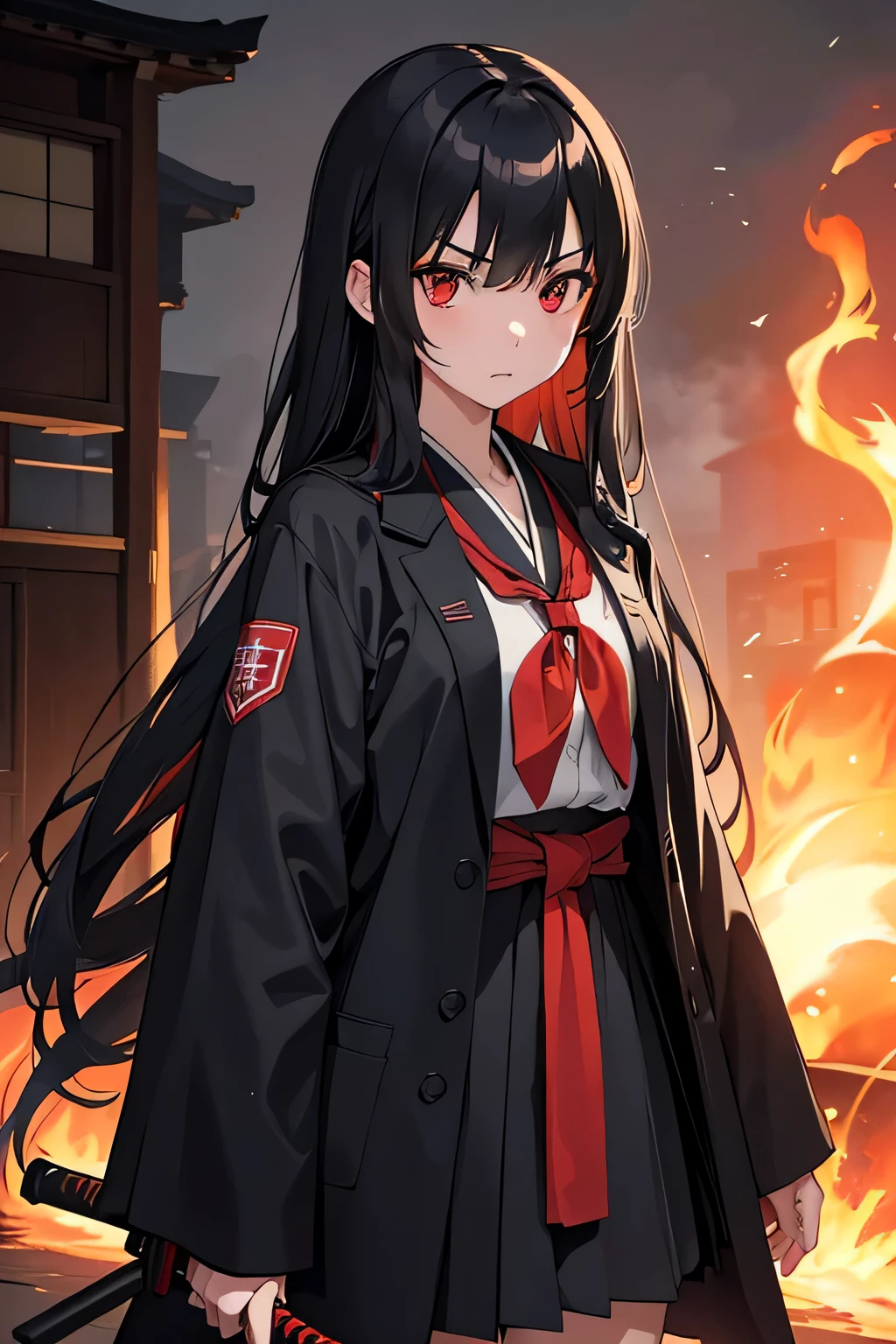 1girl, japanese schoolgirl, she has straight long black hair, red eyes and and evil determined look. She wears a black and red modern japanese school uniform and a long black coat. Walking down the street. Holding a katana in the hand. The katana is covered by flames. vibrant appearance, creative behavior, imaginative, , spontaneous, , highest quality, skin texture, intricate details, (cinematic lighting), RAW photo, 8k, masterpiece,best quality,ultra-detailed,very detailed illustrations,extremely detailed,intricate details,highres,super complex details,extremely detailed 8k cg wallpaper