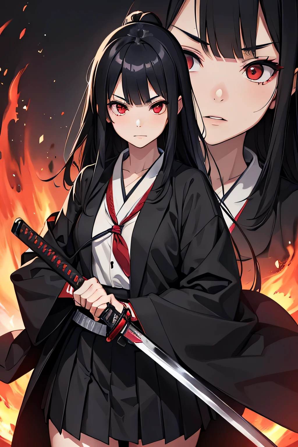 1girl, japanese schoolgirl, she has straight long black hair, red eyes and and evil determined look. She wears a black and red modern japanese school uniform and a long black coat. Walking down the street. Holding a katana in the hand. The katana is covered by flames. vibrant appearance, creative behavior, imaginative, , spontaneous, , highest quality, skin texture, intricate details, (cinematic lighting), RAW photo, 8k, masterpiece,best quality,ultra-detailed,very detailed illustrations,extremely detailed,intricate details,highres,super complex details,extremely detailed 8k cg wallpaper