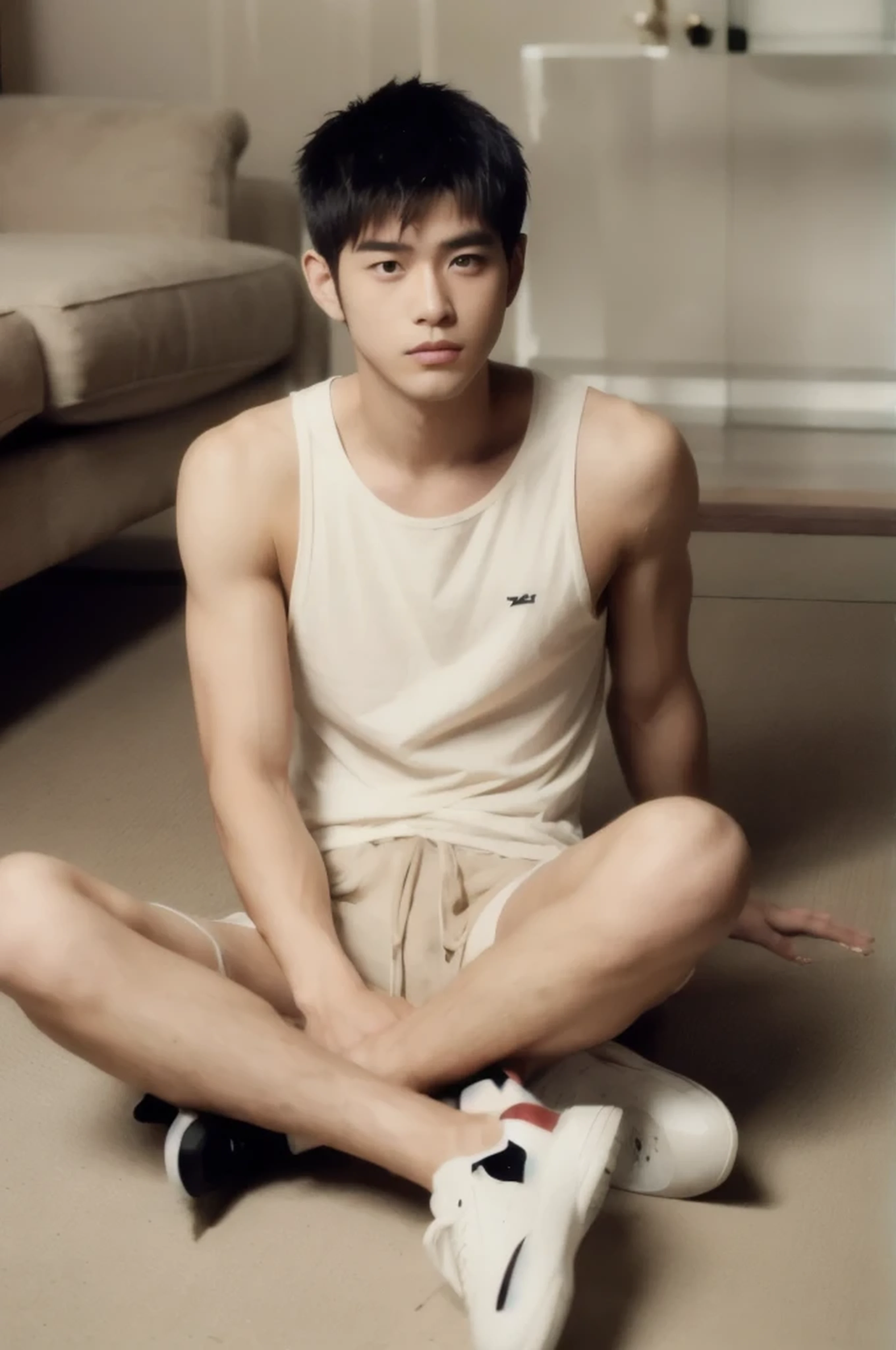 ((((super sharp focus)))), (hairy legs), toned legs, whole body, two block, messy shortt hair, long legs, Japan Male, 27 years old, wearing beige shorts, wearing a black T-shirt, very short hair, black hair,stand on one knee