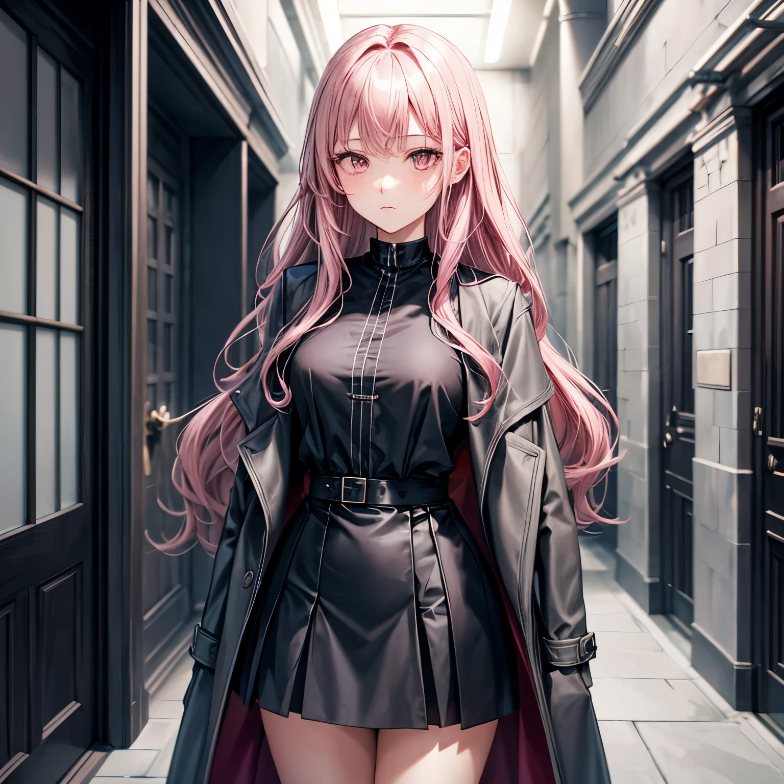 gray coat. Black blouse. black skirt. adult woman. small breasts. pink eyes. pink brown hair. Wavy semi-long. cool beauty. Expressionless. Hogwarts Corridors.