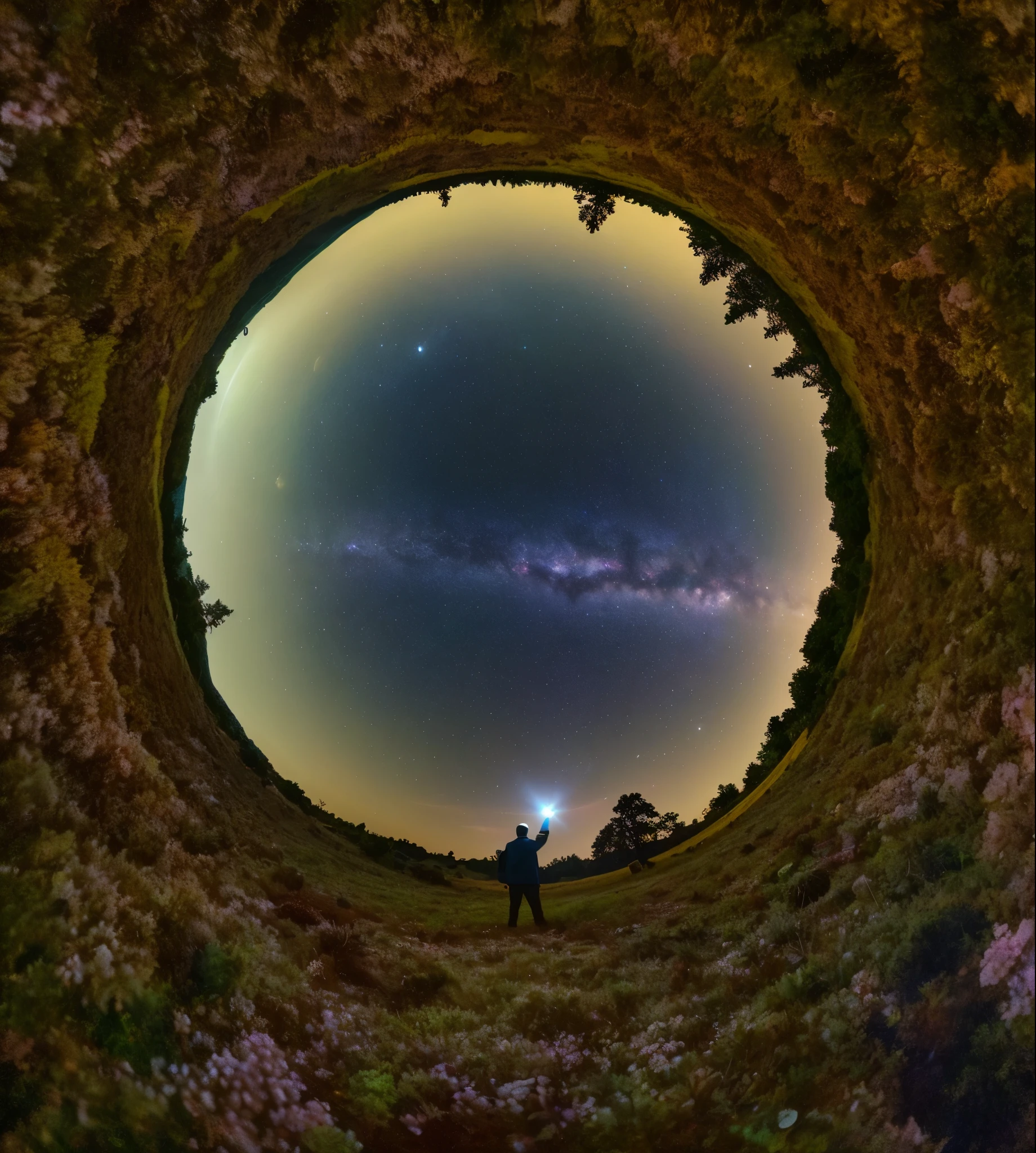arafed view of a man standing in a hole with a flashlight, looking out into the cosmos, portal to outer space, portal to another universe, fisheye photo, epic scale fisheye view, portal to another world, magic portal in the sky, fisheye perspective, extreme fisheye, stars strange perspective, fisheye lens photo, lost in the milky void