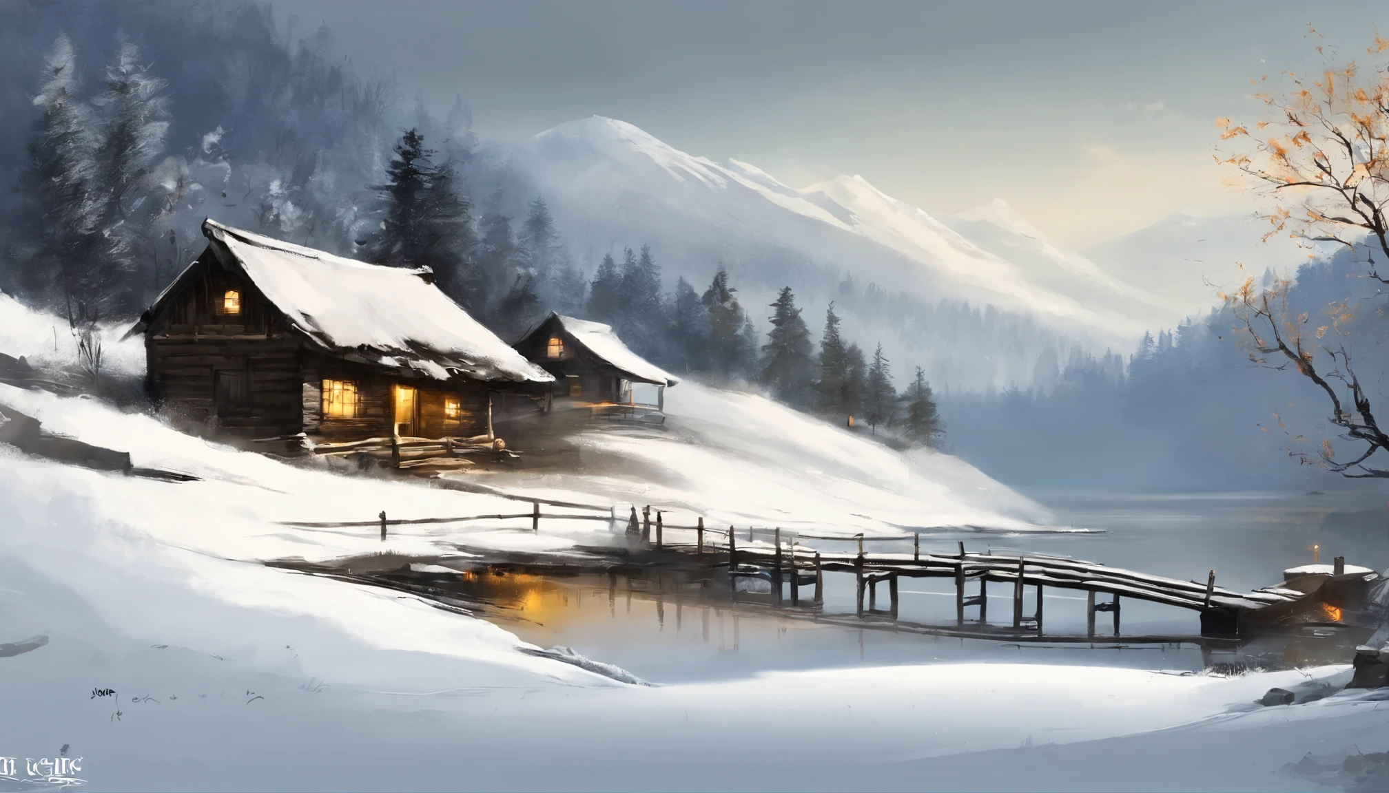 ink wash style,winter day、lakes、snow mountains、 Old Cabin near The tree、grassy fields、Rochas、hot onsen、hydrosphere、(illustratio:1.0)、Epic composition、Realistic lighting、high definition detail、tmasterpiece、Best quality,(非常详细的 CG 统一 8k 壁纸)
