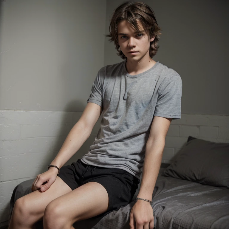 photo,  guy, shaggy hair, gray t-shirt, black shorts, bracelet, bandages on the hands, Blue eyes