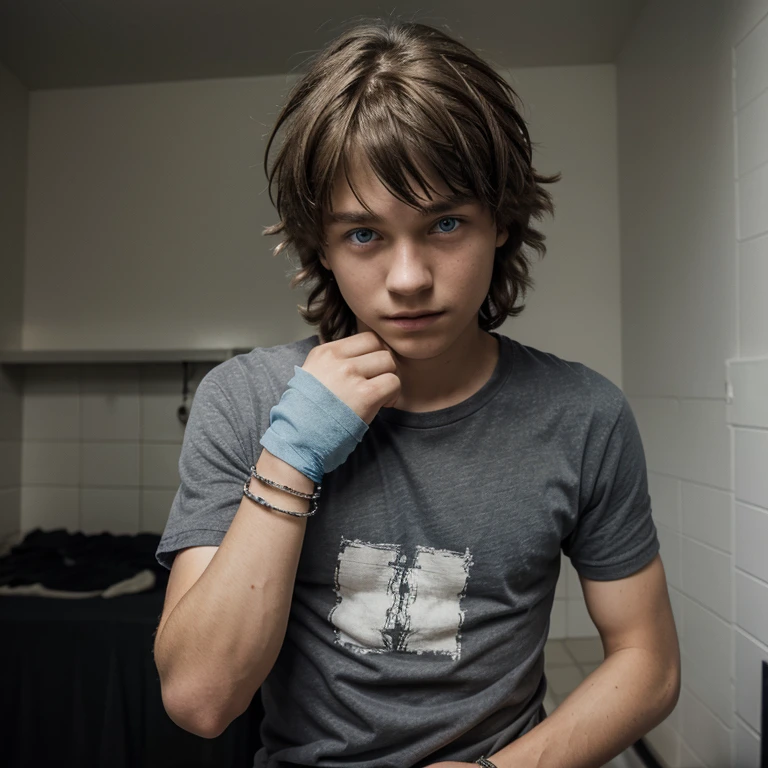 photo, 15 year old guy, shaggy hair, gray t-shirt, black shorts, bracelet, bandages on the hands, Blue eyes