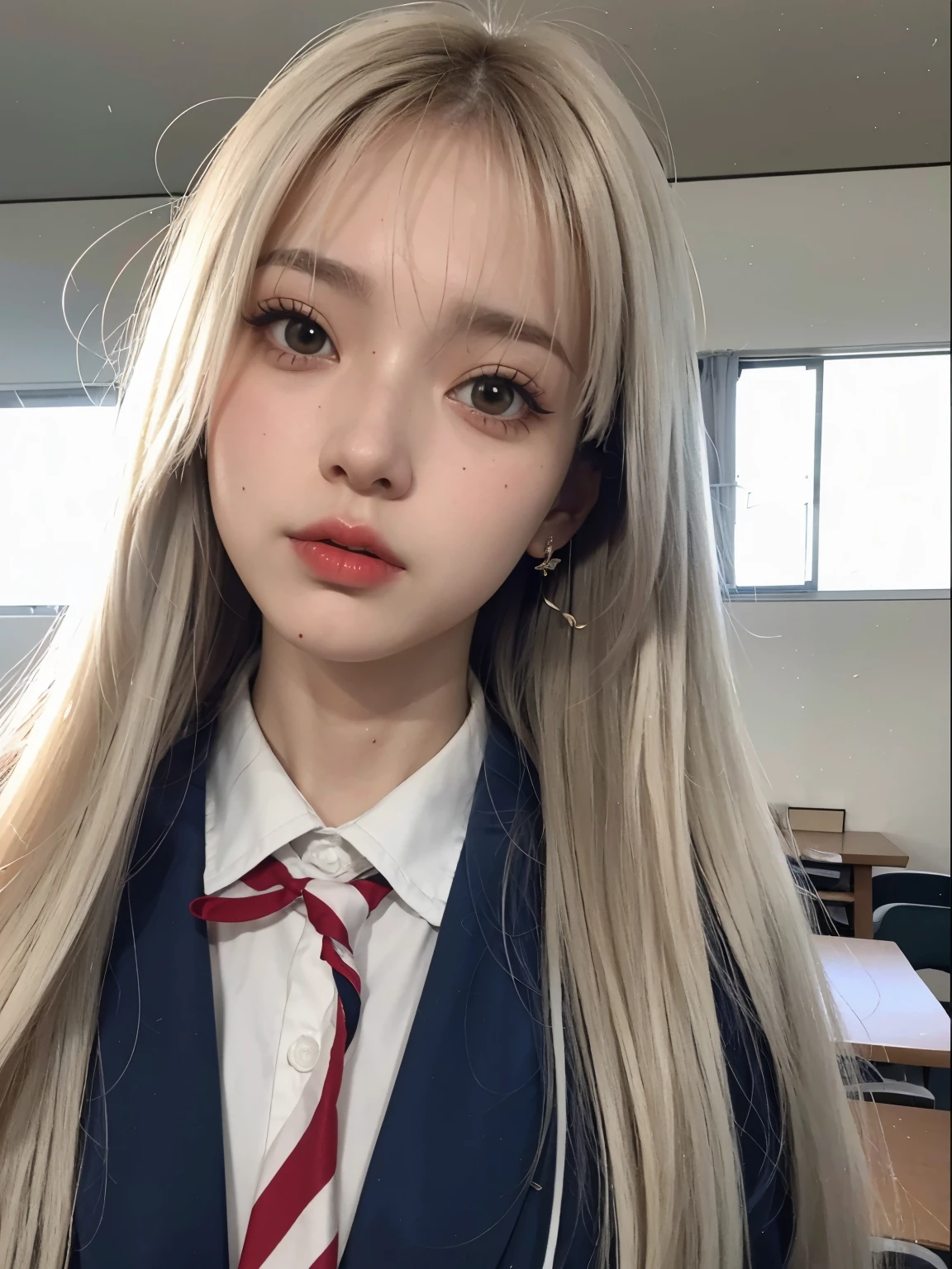 garota loira com cabelos longos, vestindo um terno azul e gravata vermelha, Retrato realista kawaii, estilo anime 3 d realista, a estudante hiper-realista, estudante hiper-realista, estilo de arte anime realista, estilo de arte de anime realista, jovem anime realista, 🤤 retrato de menina, estilo de realismo de anime, cute anime high school girl, Ilya Kuvshinov com cabelo comprido