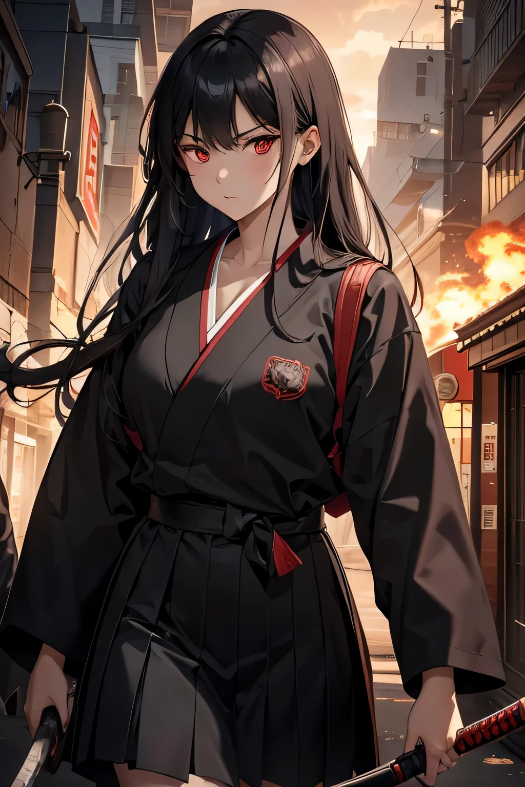 1girl, japanese schoolgirl, she has straight long black hair, red eyes and and evil determined look. She wears a black and red modern japanese school uniform and a long black coat. Walking down the street. Holding a katana in the hand. The katana is covered by flames. vibrant appearance, creative behavior, imaginative, , spontaneous, , highest quality, skin texture, intricate details, (cinematic lighting), RAW photo, 8k, masterpiece,best quality,ultra-detailed,very detailed illustrations,extremely detailed,intricate details,highres,super complex details,extremely detailed 8k cg wallpaper