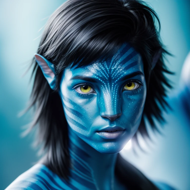 avtr:1.1, avatar style, portrait:1.6, 1girl, female, (blue skin tone:1.0), (short hair:1.0), dark brown hair color, 18 years old:1, face wrinkles, wearing tribal clothing, wearing a top, detailed eyes, toned body, muscled body, vibrant colors, glowing, ethereal atmosphere, surrealistic dreamy lighting, textured skin, otherworldly beauty, mesmerizing photography, (best quality, highres), vivid colors, ultrarealistic, skin details, striped skin, sfw, face close-up:0.5, ultradetailed body