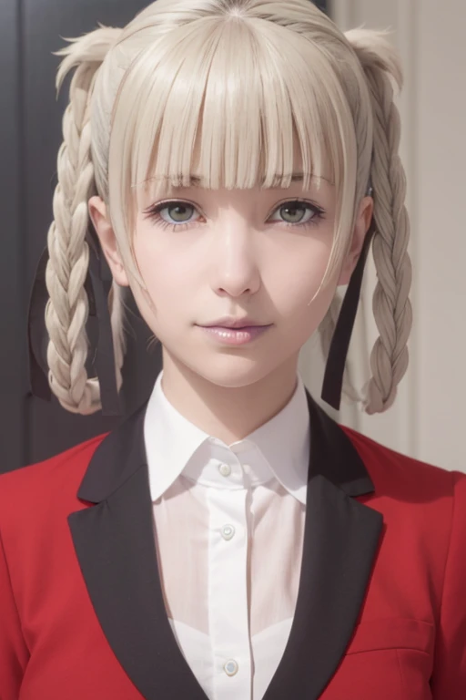 Pretty innocent girl , Realistic long blonde and brown beautiful hair realistically, (light bule eyes), ((pixel perfect, detail perfect))), alone, 1 girl, Kirari Momunami, (red blazer), Upper body, looking at viewer, smile