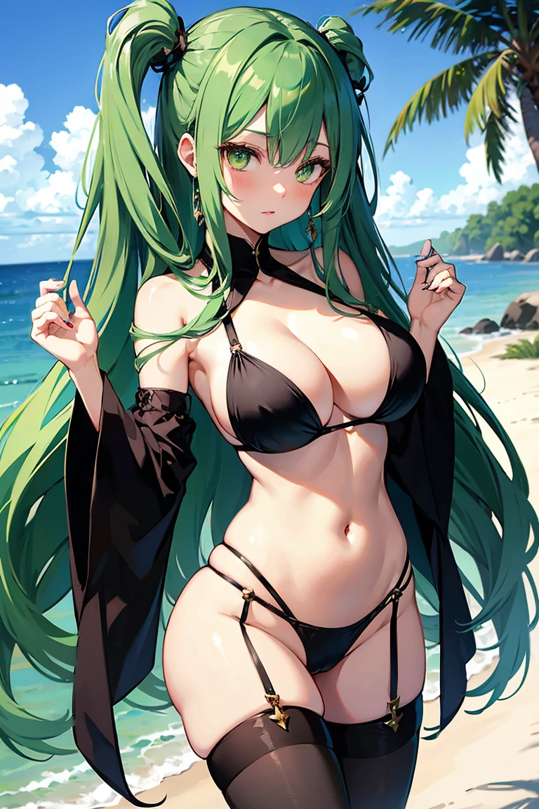 1girl, solo, long hair, breasts, looking at viewer, blush, large breasts, dress, jewelry, bare shoulders, full body, ass, thighs, outdoors, sweat, looking back, black footwear, white dress, from behind, high heels, parted bangs, strapless, squatting, strapless dress, circlet, palutena