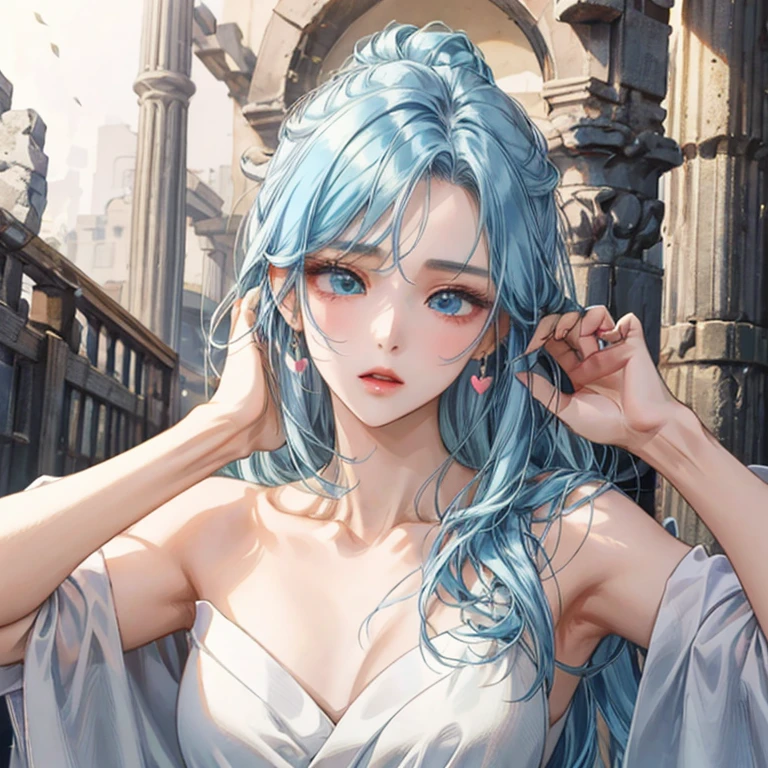 absurd, masterpiece, best quality, Bright colors, pastel colours, Korean woman with a beautiful face , beautiful hair , Korean drama characters, anime eyes,masterpiece 배경, detailed background,light blue hair, very long hair ,The Perfect Face, heart eyes, Pretty Woman, White towel style, clavicle, Cool pose, Stunned, Greece background,gun pose,