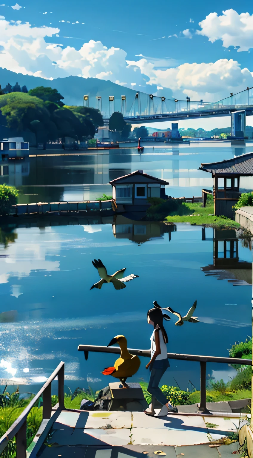 Vast and majestic skyline、The big dollar sky takes up two-thirds of the photo、Girl in casual clothes and two parrots，There are four ducks by the lake、have fun，There is an abandoned Taiwanese city in the distance