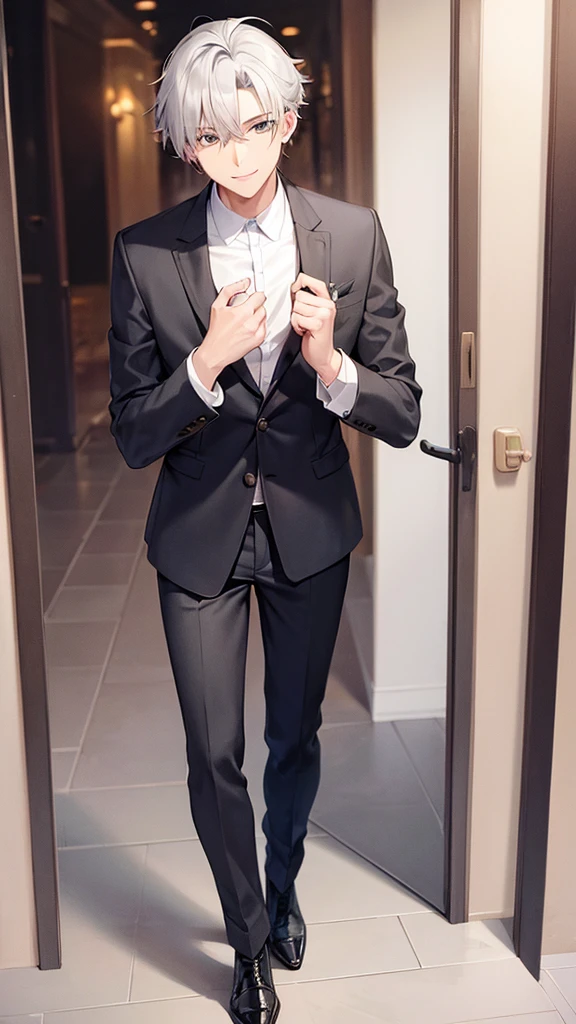 man blouson gray hair detective smile whole body male gentle