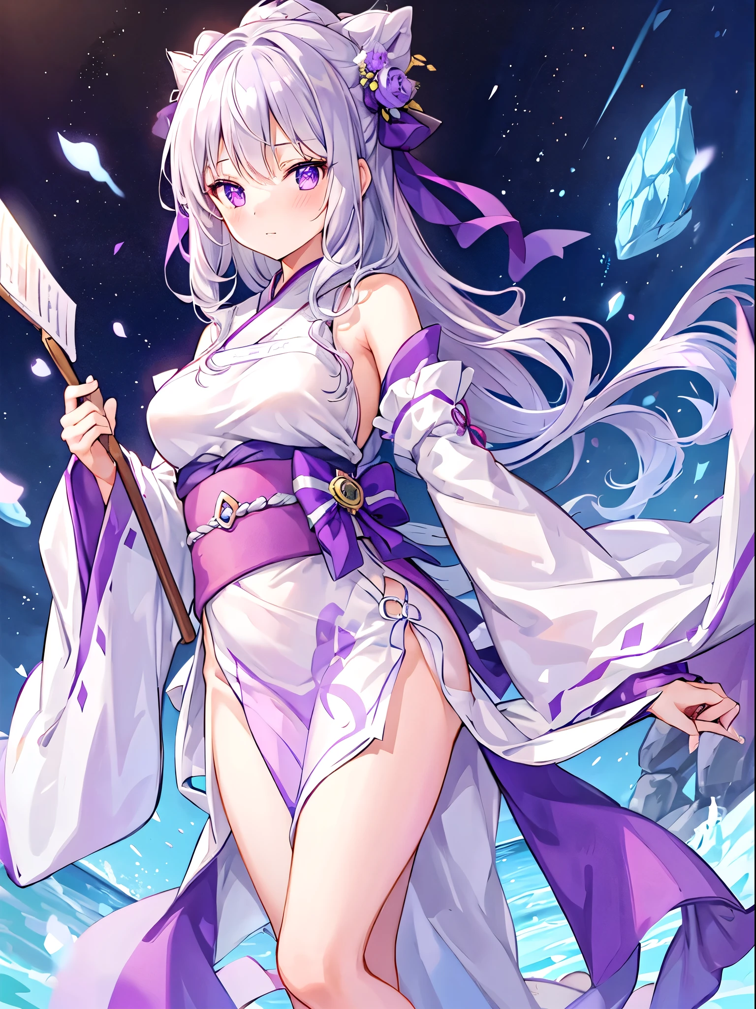 1girl , Silver medium hair, purple eyes, cute, blush, medium breasts⁩, Hanfu