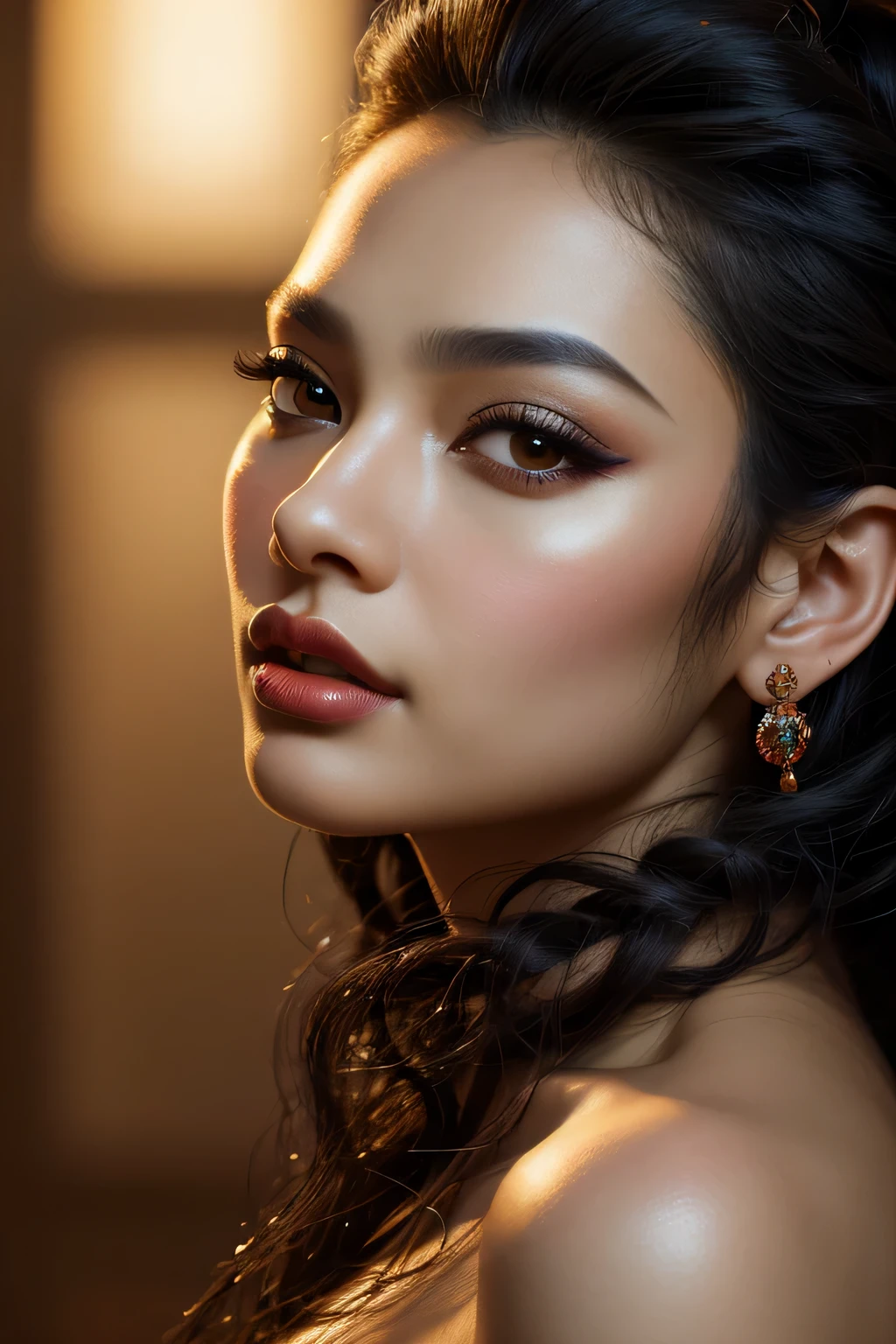 (best quality,ultra-detailed,realistic:1.37),oil painting,postmodernist and contemporary aesthetic,woman portrait,portraits,black and oriental fusion,beautiful detailed eyes,beautiful detailed lips,extremely detailed skin texture,long eyelashes,exquisite facial features,lush curly hair,modern fashion style,vibrant colors,soft and warm lighting,subtle shadows,sophisticated background details,captivating gaze,confident expression,fine art quality brushwork,highly realistic rendering,captivating composition,emphasizing cultural diversity,high-res,studio lighting, textured skin, natureal