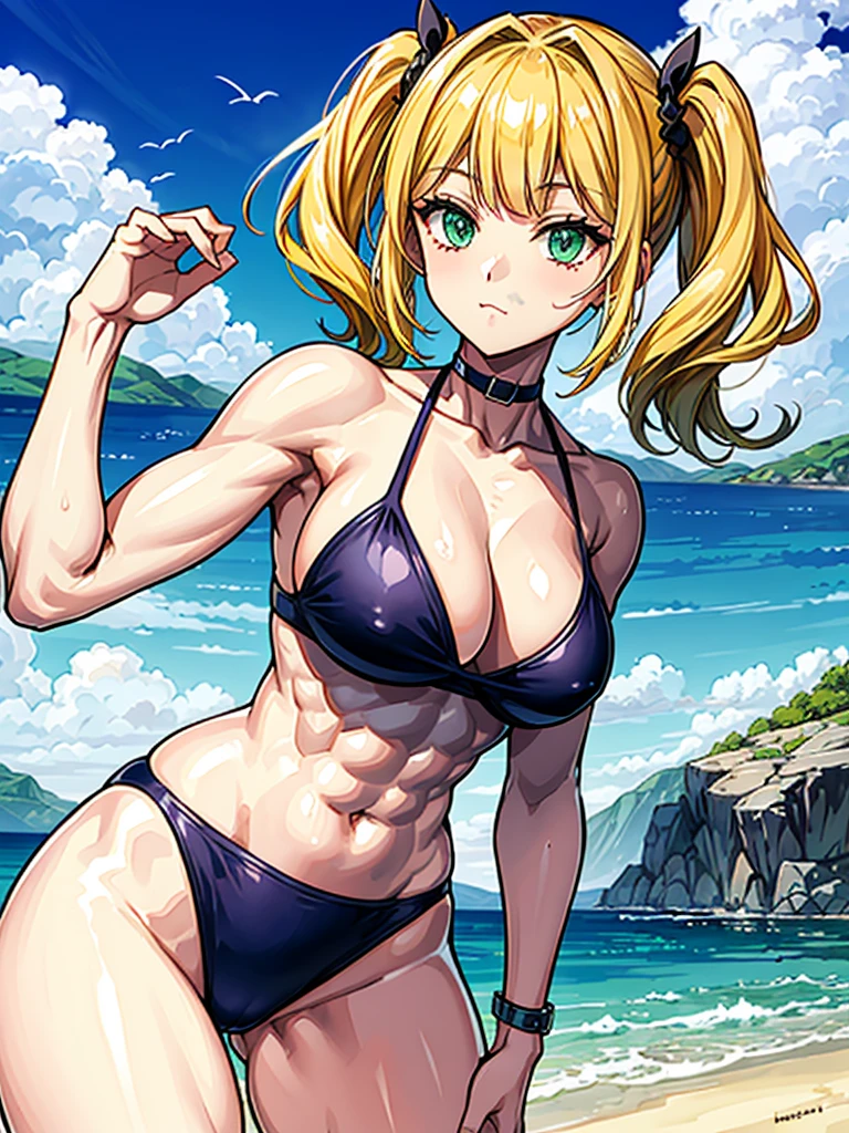 （（（masterpiece、Highest image quality、highest quality、highly detailed unity 8ｋwallpaper）））、（（Illustration of one girl））、（（（beautiful girl、cool）））、（（blonde、pixie cut：1.2、two side up、sidelocks、green eyes））、（（（tall、stocky build, thickset physique：1.3, muscular legs, broad shoulders, solid chest）））、swimsuit、sandy beach