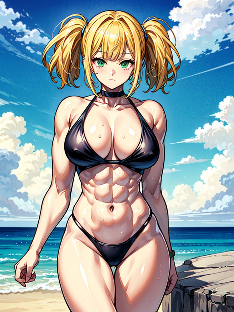 (((masterpiece、Highest image quality、highest quality、highly detailed unity 8kwallpaper)))、((Illustration of one girl))、(((beautiful girl、cool)))、((blonde、pixie cut:1.2、two side up、sidelocks、green eyes))、(((tall、stocky build, thickset physique:1.3, muscular legs, broad shoulders, solid chest)))、swimsuit、sandy beach
