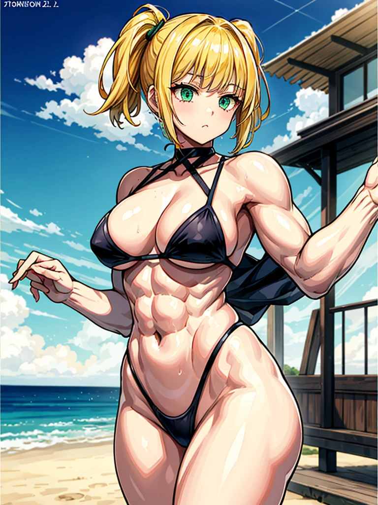 (((masterpiece、Highest image quality、highest quality、highly detailed unity 8kwallpaper)))、((Illustration of one girl))、(((beautiful girl、cool)))、((blonde、pixie cut:1.2、two side up、sidelocks、green eyes))、(((tall、stocky build, thickset physique:1.3, muscular legs, broad shoulders, solid chest)))、swimsuit、sandy beach