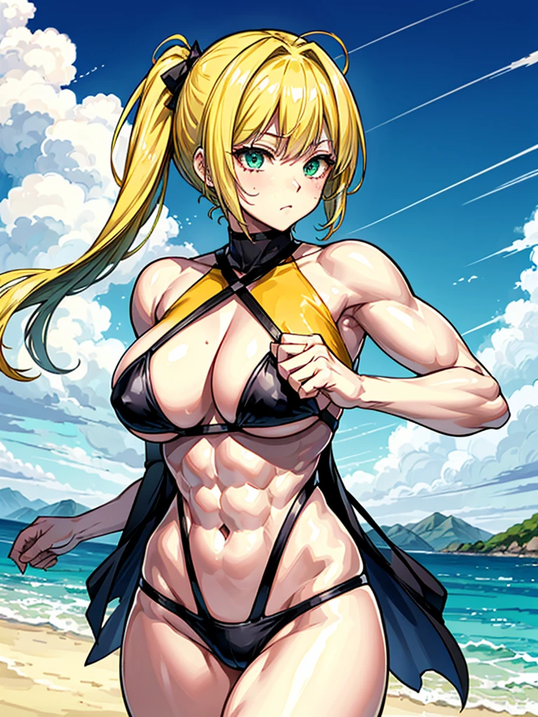 (((masterpiece、Highest image quality、highest quality、highly detailed unity 8kwallpaper)))、((Illustration of one girl))、(((beautiful girl、cool)))、((blonde、pixie cut:1.2、two side up、sidelocks、green eyes))、(((tall、stocky build, thickset physique:1.3, muscular legs, broad shoulders, solid chest)))、swimsuit、sandy beach
