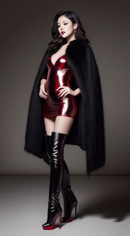 at the hotel,asian beauty,be realistic,red sequin short dress,A super long black fur vampire cloak that wraps around her body.,cape,Black thigh-high boots with stiletto heels, Are standing,frontage,full body image