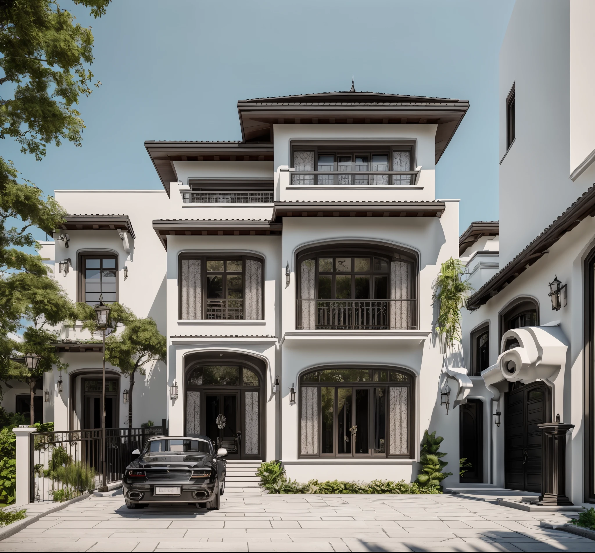 A (Photorealism:1.1) drawing a architect style indochine, car parked in front of a two story building, clean linework, frontview, inter dimensional villa, (white wall:1.1), White column and wall details, (detail roof tile:1.1), (window glass detail:1.1), (wall lamp) 3rd floor details, (Balcony fence details:1.1), exterior design, white detailed sketch, neo - classical style, architectural illustration, realistic architecture, architectural concept, residential design, (masterpiece),(high quality), best quality, real,(realistic), super detailed, (full detail),(4k),8k,architecture, RAW photo,Masterpiece, high quality, best quality, authentic, super detail, exterior, outdoor town house style, street, white wall, louver roof, refection glass windows, climbing plant on the bacony,(straight line architecture arch:1.2), trees, beautifuL sky, (day:1.1),vray, people walking on the sidewalk in front of a house, photo render, corporate photo, digitally enhanced, render, exterior shot, photorealistic, screengrab, (god ray:1.1), digitally painted, transparent, front-view, an illustration of, full - view, discovered photo, still capture, unreal engine 5, octane render, cinematic, front lighting, ultra-detail, ((realistic)) depth of field, photography, ((Super detailed)), FKAA, TXAA, RTX, SSAO, Post Processing, Post-Production, CGI, VFX, SFX, Full color, HDR, Realistic,8k,((Unreal Engine 5)), Cinematic intricate detail, extreme detail, science, hyper-detail, FKAA, super detail, super realistic, crazy detail, intricate detail, reflected light on glass, eye-catching wall lights, unreal engine 5, octane render, cinematic, 8K,Detailed, High-fidelity, Viwvid, Crisp, The sun shines on the project,  Sharp, soft lighting, Bright, Stunning low, ((Lifelike)), Natural, ((Eye-catching)), Illuminating, Flawless, High-quality,Sharp edge rendering