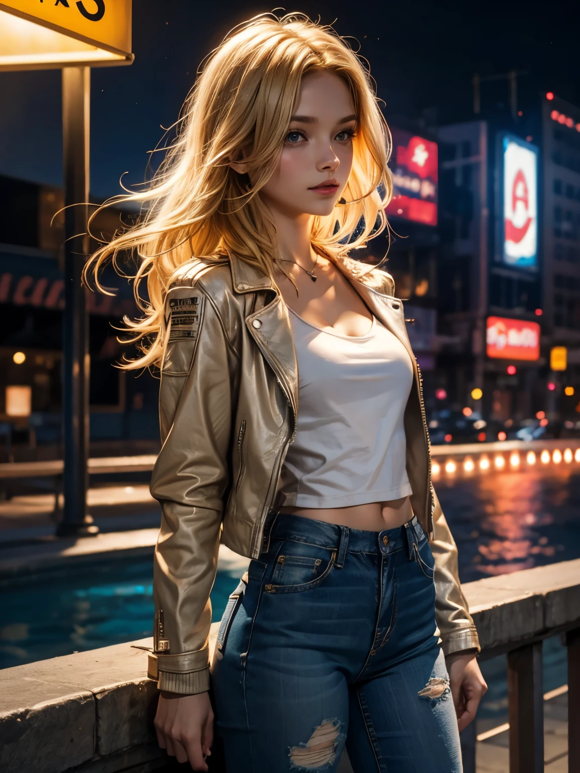 A girl with short wavy blonde hair , blonde and red streaks , 15 year , torn jeans, white see through t-shirt , (leather jacket ) , (slim figur , small breast) , slender, city at night , Neon lights reflects in water, surrealism