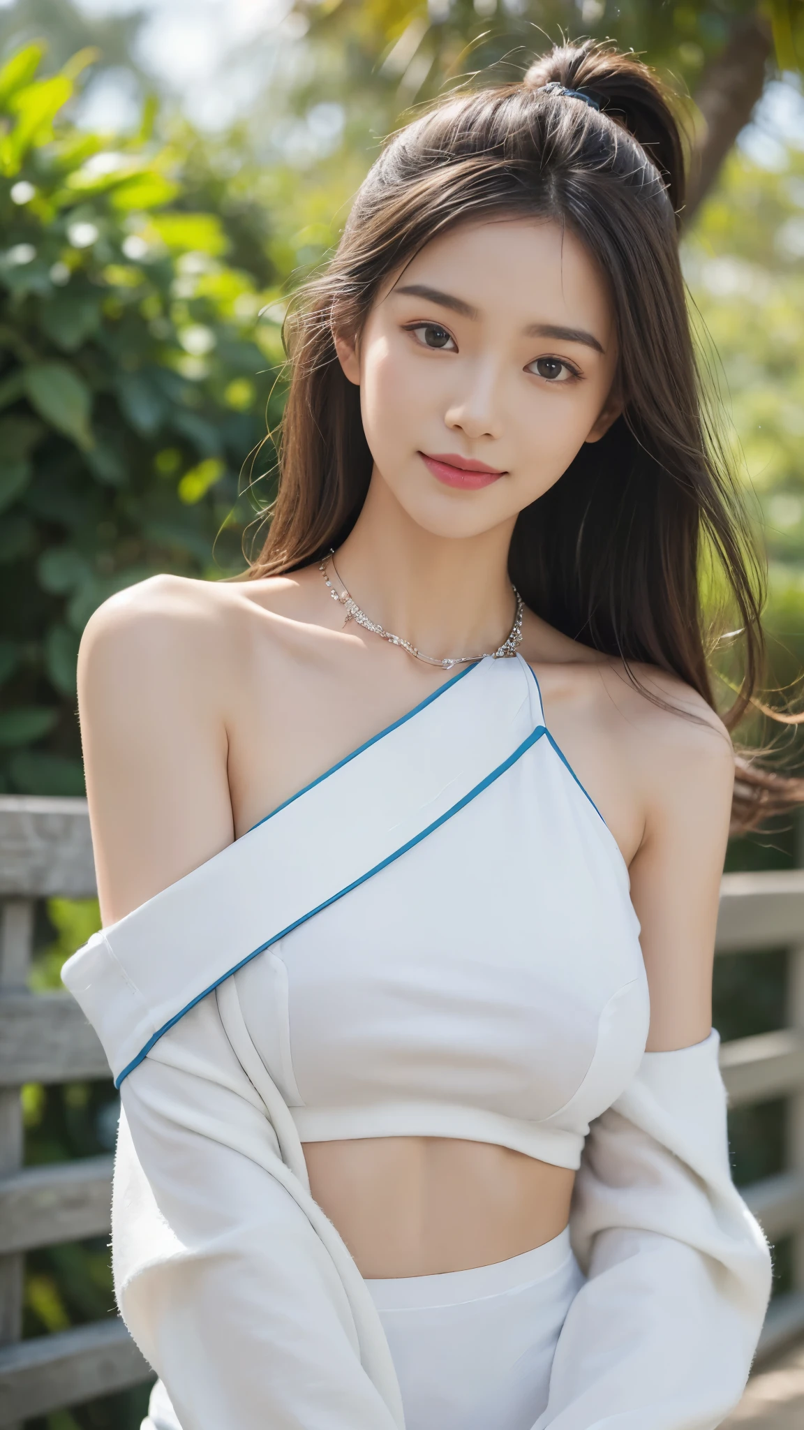 ((top quality, 8 thousand, masterpiece:1.3)), (Concentrate upon:1.2), (perfect body beauty:1.4), ((delicate hair)), Highly detailed face and skin textures, Fair eyes, double eyelid, shiny skin, smile, wear a necklace, Glossy face, small face, (tits huge:1.4), 20 years, beautiful smile, (open shoulder sweats:1.4), (Famous tourist attractions in Bali), (F Racing Trek:1.4), hair blowing in the wind, (slipper), My chest is only half visible,