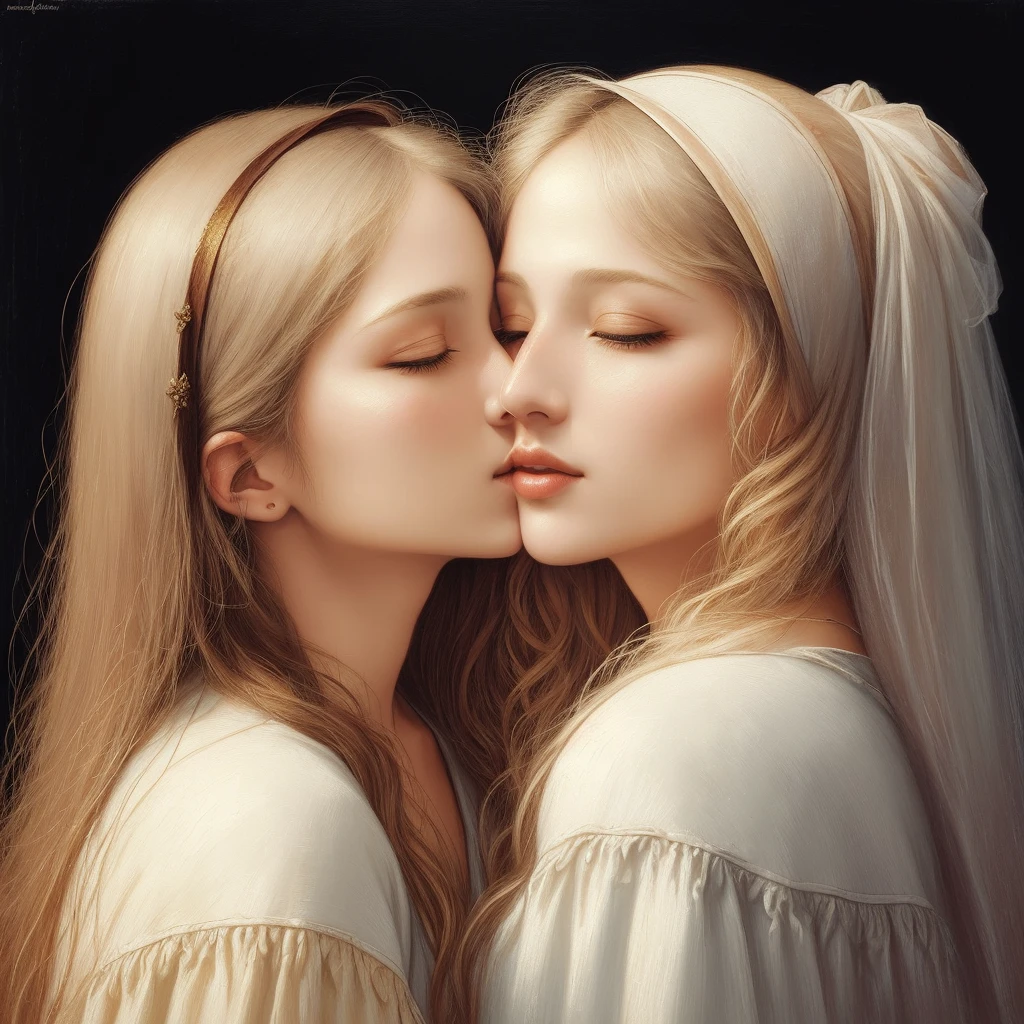 oil painting by Leonardo da Vinci, realistic photography, closeup face of Jennifer Lopes with white and messy hair, her eyes are sweet and vibrant, her face is symmetrical, silky peach skin, soft torch luminosity on the face by REMBRADT, Adobe Illustration, Trending on Artstation, 8K, hd, cinematic, masterpiece, magnificent art, best quality, (2girls, soulmate, cheek to cheek, kiss:1.5), 花, 宝石, 月