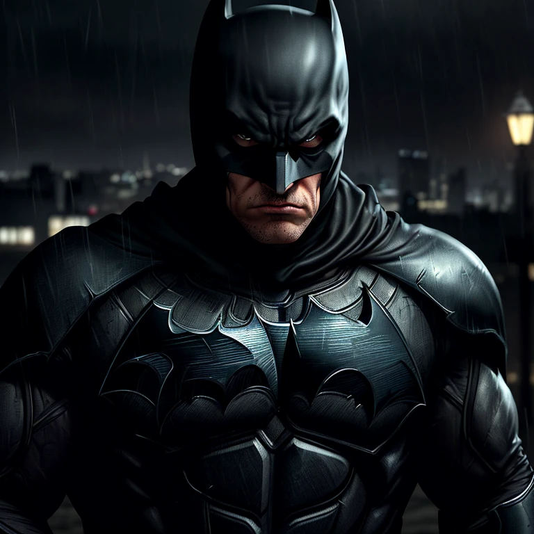 THE DARK KNIGHT BATMAN, (1man), in a brooding pose, photograph, (dramatic and gritty), (full body shot), wide angle, face partially hidden by cowl, intense gaze, shrouded in darkness, detailed suit, muscle definition, weathered face, defined jawline, scar above left eyebrow, dark circles under eyes, tousled hair, bat emblem on chest, grim expression, cityscape in background, rainy weather, high contrast, best quality, 4k, trending, hard light, cinematic, detailed texture, dark and moody, gritty and realistic, hyperrealistic, detailed muscles, scarred skin, blemish-free