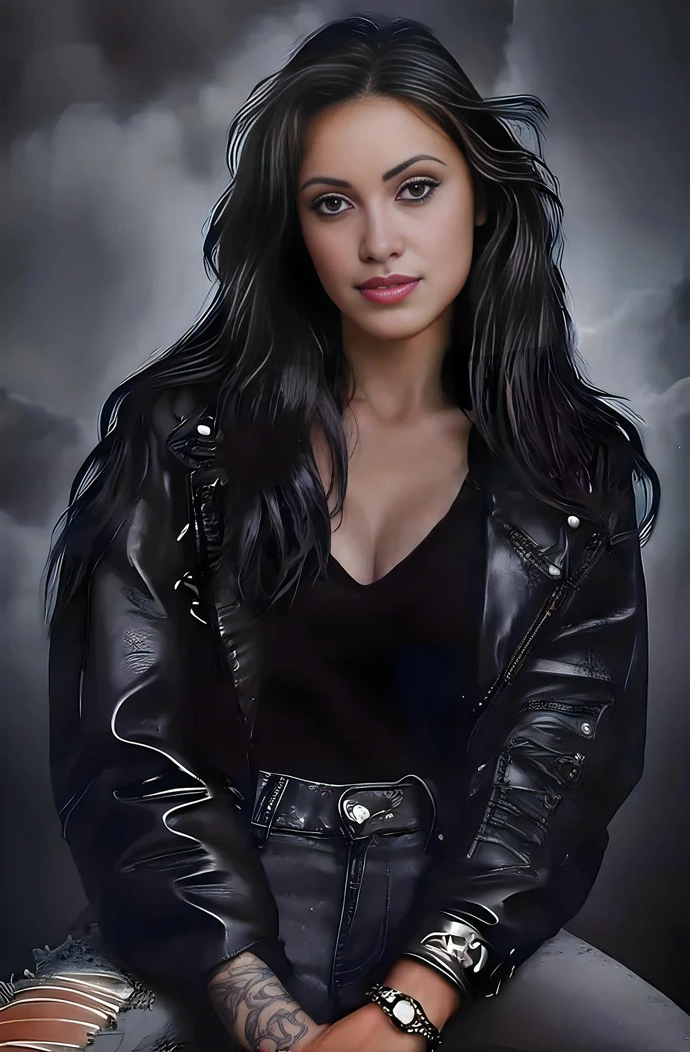 painting of a beatiful rock woman with a leather jacket and a black top, she wears leather jacket, in style of digital painting, in the art style of bowater,  painting of gal gadot, digital painting of all time, urban fantasy romance book cover, dressed in leather jacket