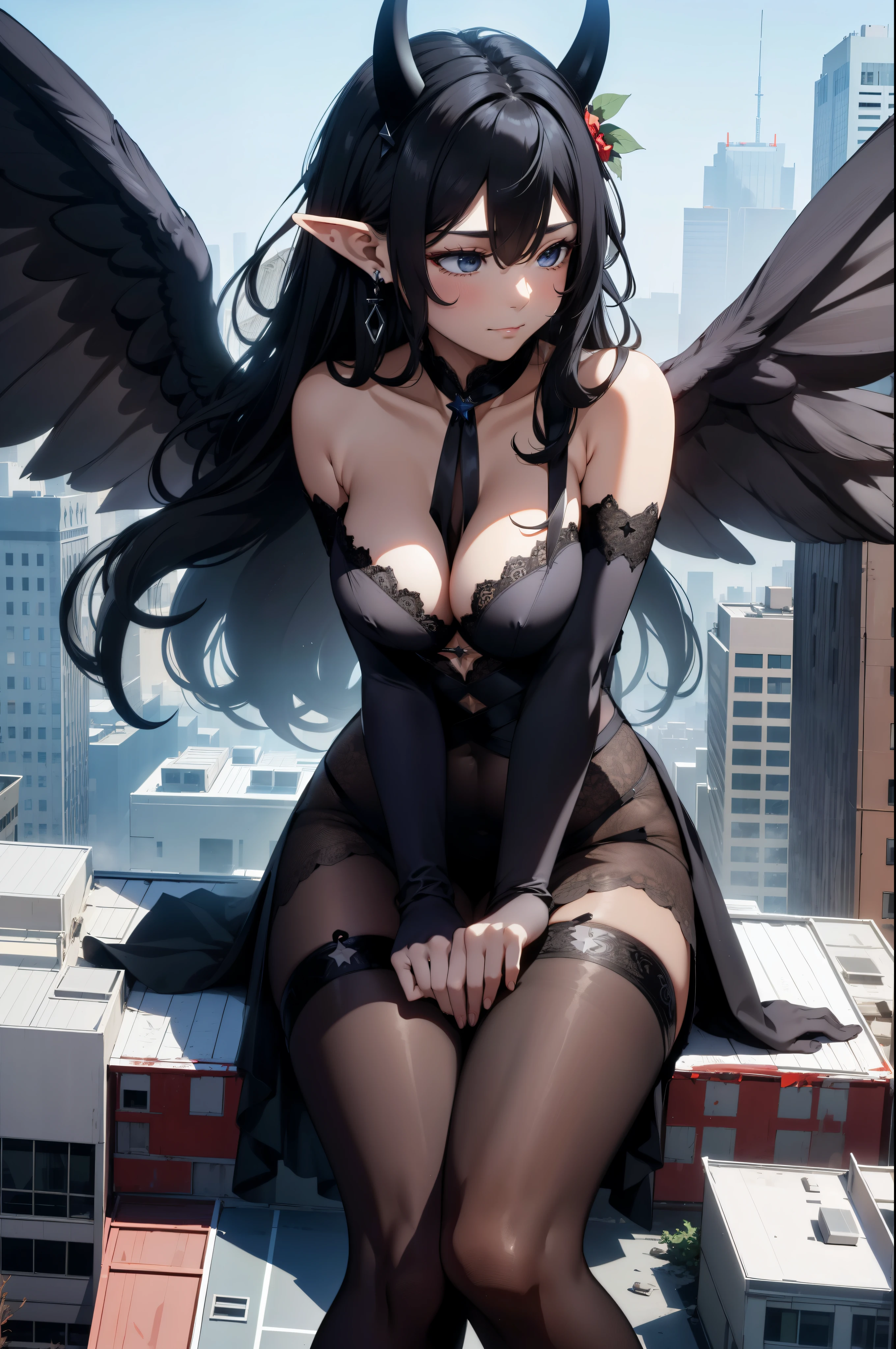 giant girl 50,000 feet high,Weight 1000kg,Has a pair of huge black angel wings,With huge devil horns on his head,wear a crown on your head,Elf wears black earrings on his ears,She has long black hair that reaches her feet,loose hair,Black wavy long curly hair,Wearing a pair of black boots on her feet,Black lace gloves,Black lace pantyhose,Bow and star embellished tights,黑色蕾丝whole body,Standing tall above the small town,Beautiful appearance,Exquisite makeup,quality,8k,高quality,Perfect proportion, Cinema lighting,film grain,Fuji colors,8k,textured skin,Super details,high detail,high resolution,fake smile,blood stains,脚底有blood stains,whole body,fat,elf princess,feather,flowers,Sitting elegantly on a tall building。