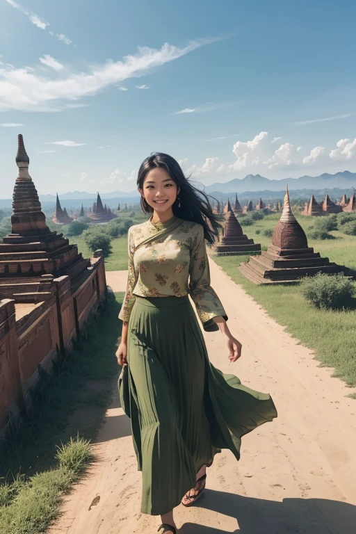 a beautiful girl with cute dimples, smiling, wearing
burmese dress, walking in Bagan's street, 
ACMM LS OUTFIT, WEARING ACMM TOP OLIVE
GREEN ACMM TOP; LONG SLEEVES, WEARING
ACMM LONG SKIRT, OLIVE GREEN ACMM LONG
SKIRT, PRINTED SKIRT
OUTDOORS, SCENERY, TRADITIONAL MEDIA,
SKY, DAY, PHOTO BACKGROUND, REAL WORLD
LOCATION, ARCHITECTURE, NATURE, RUINS
LANDSCAPE, BAGAN ANCIENT PAGODA
BACKGROUND
