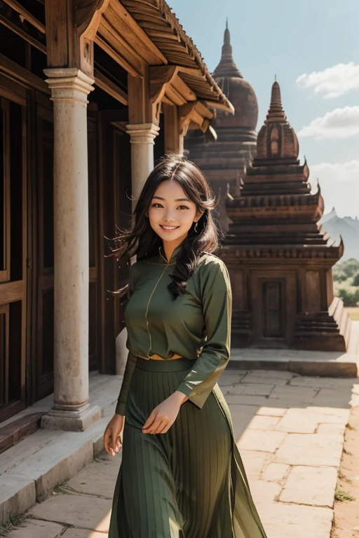 a beautiful girl with cute dimples, smiling, wearing
burmese dress, walking in Bagan's street, 
ACMM LS OUTFIT, WEARING ACMM TOP OLIVE
GREEN ACMM TOP; LONG SLEEVES, WEARING
ACMM LONG SKIRT, OLIVE GREEN ACMM LONG
SKIRT, PRINTED SKIRT
OUTDOORS, SCENERY, TRADITIONAL MEDIA,
SKY, DAY, PHOTO BACKGROUND, REAL WORLD
LOCATION, ARCHITECTURE, NATURE, RUINS
LANDSCAPE, BAGAN ANCIENT PAGODA
BACKGROUND
