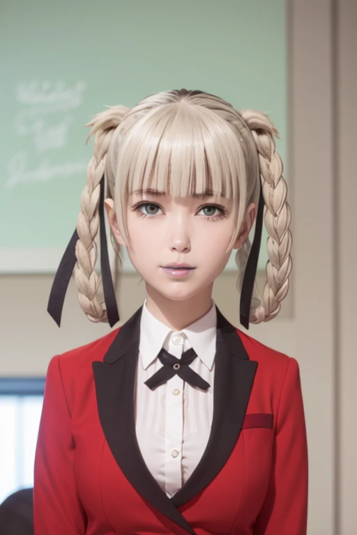 Pretty innocent girl , Realistic long blonde and brown beautiful hair realistically, (light bule eyes), ((pixel perfect, detail perfect))), alone, 1 girl, Kirari Momunami, (red blazer), Upper body, (looking at viewer), (smile, evil:1.2)