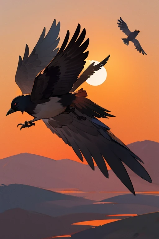 (details), (((beauty))), ((anime)) crow flying in the sunset sky, orange sun.