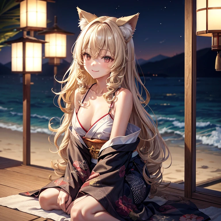 A 25 year old Japanese slender (( small tits)) lady, beige ((loose curly hair))smooth curly hair and blonde ((streaked hair))highlights hair, wearing only a black Japanese kimono, white damaged jeans , looks really calming and beautiful and cool, at a beach in midnight, spreading her left arms forward, a bit breezes scene, smiling passionately under the moonlight, looking back pose, cat ears