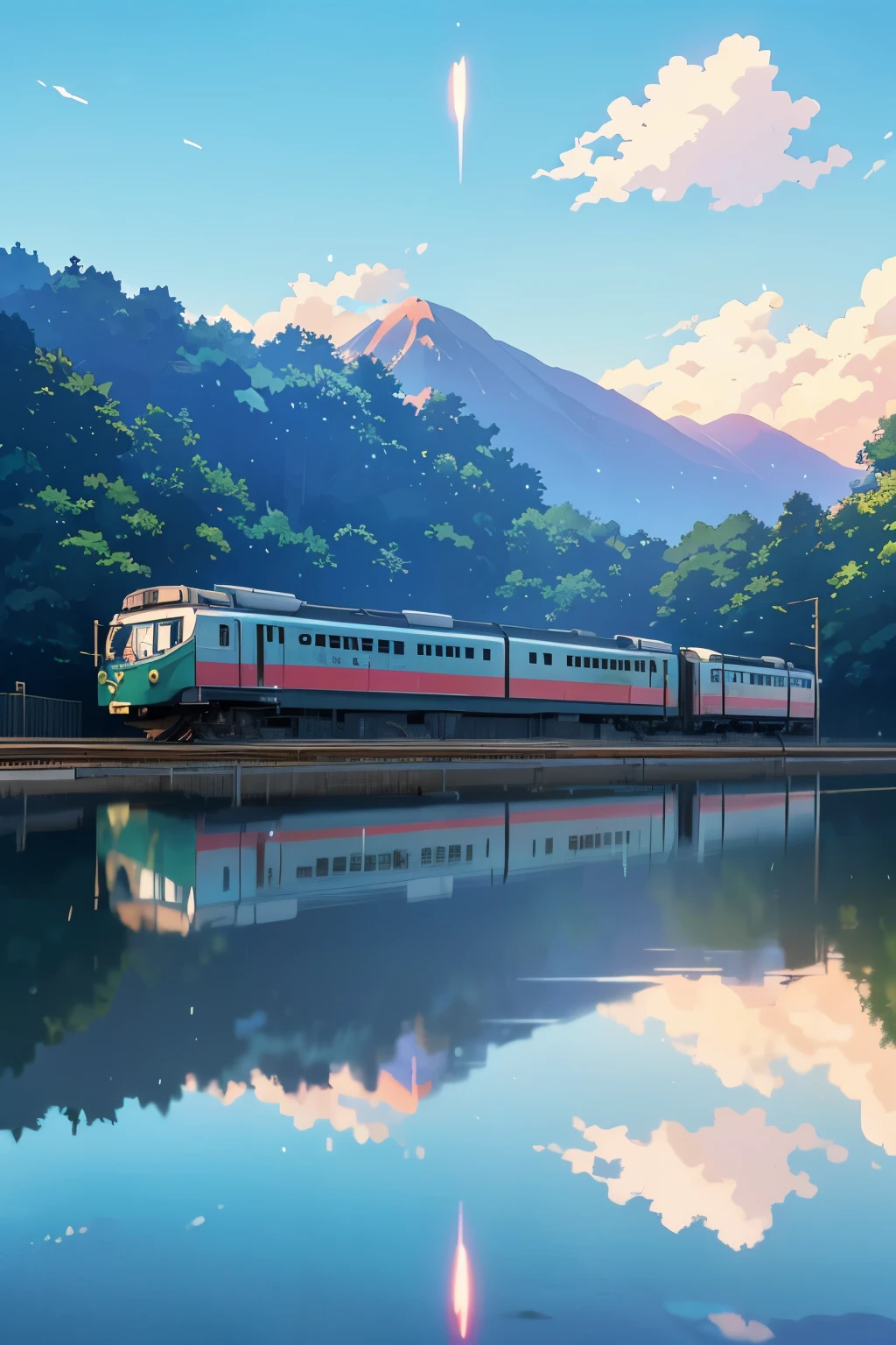 Anime train on tracks through body of water, image by Makoto Shinkai, pixiv, concept art, lofi art style, reflection. Enhanced detail, perfect picture quality. by makoto shinkai, lofi art, beautiful anime scenes, anime scenery, detailed scenery—width 672, in style of makoto shinkai, style of makoto shinkai