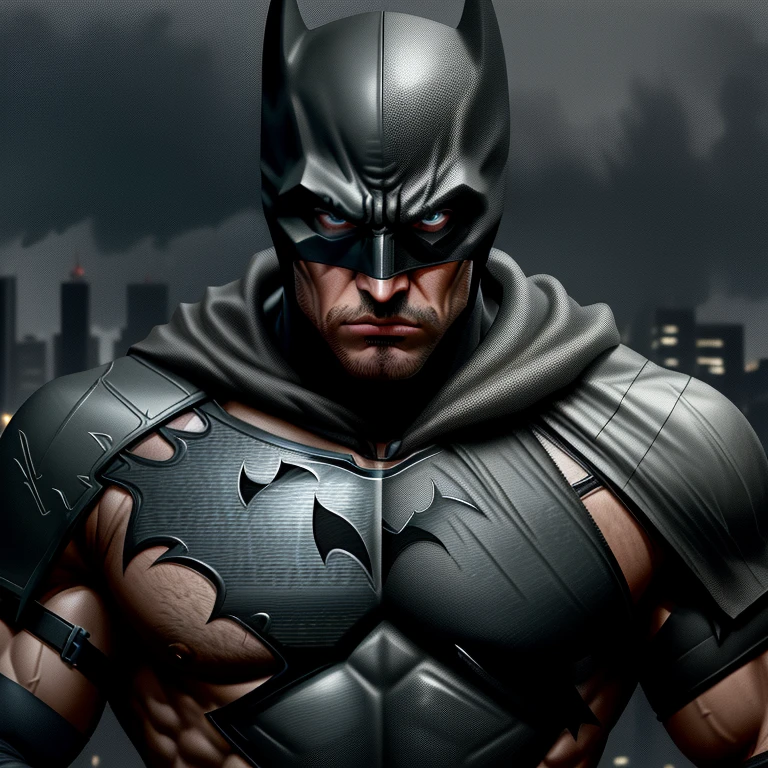 THE DARK KNIGHT BATMAN, (1man), in a brooding pose, photograph, (dramatic and gritty), (full body shot), wide angle, face partially hidden by cowl, intense gaze, shrouded in darkness, detailed suit, muscle definition, weathered face, defined jawline, scar above left eyebrow, dark circles under eyes, tousled hair, bat emblem on chest, grim expression, cityscape in background, rainy weather, high contrast, best quality, 4k, trending, hard light, cinematic, detailed texture, dark and moody, gritty and realistic, hyperrealistic, detailed muscles, scarred skin, blemish-free