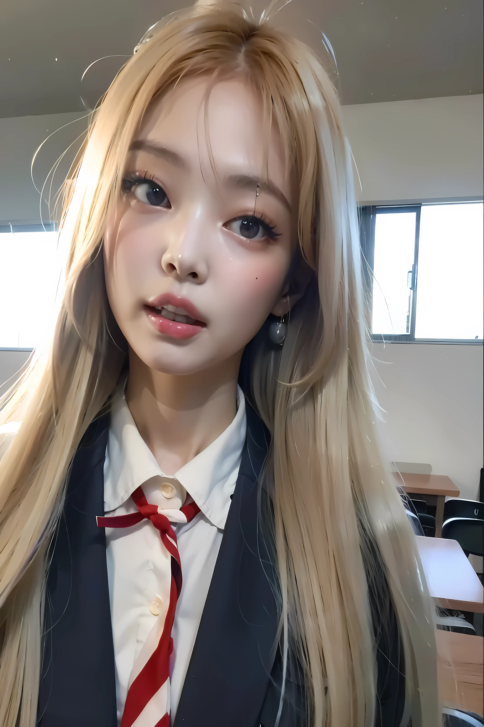 garota loira com cabelos longos, vestindo terno e gravata, Ulzzang, a estudante hiper-realista, rosto de anime natural fofo, estudante hiper-realista, com cabelos longos brancos, garota de anime na vida real, cute anime high school girl, Lalisa Manobal, sakimichan, com longos cabelos loiros, jaeyeon nam, com cabelos longos e olhos penetrantes