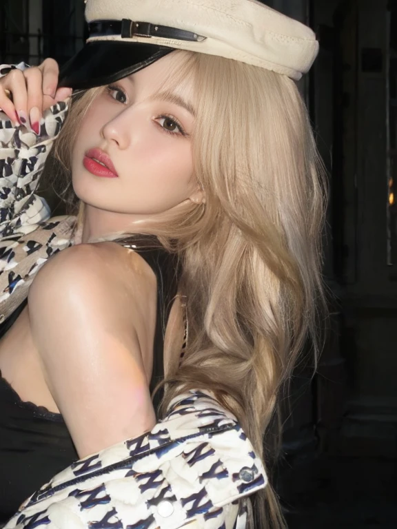 Blonde woman with hat and scarf posing for a photo, Parque Roseanne do Blackpink, Lalisa Manoban do Blackpink, Lalisa Manobal, ava max, Retrato de Jossi do Blackpink, jennie blackpink, jossi do blackpink, Ulzzang, fair and pale skin!!, cabelo loiro extremamente claro, com longos cabelos loiros, pele clara cabelo loiro cacheado