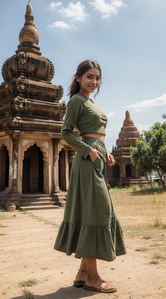 a beautiful girl with cute dimples, smiling, wearing
burmese dress, walking in Bagan's street,
ACMM LS OUTFIT, WEARING ACMM TOP OLIVE
GREEN ACMM TOP; LONG SLEEVES, WEARING
ACMM LONG SKIRT, OLIVE GREEN ACMM LONG
SKIRT, PRINTED SKIRT
OUTDOORS, SCENERY, TRADITIONAL MEDIA,
SKY, DAY, PHOTO BACKGROUND, REAL WORLD
LOCATION, ARCHITECTURE, NATURE, RUINS
LANDSCAPE, BAGAN ANCIENT PAGODA
BACKGROUND