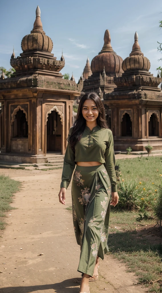 a beautiful girl with cute dimples, smiling, wearing
burmese dress, walking in Bagan's street, 
ACMM LS OUTFIT, WEARING ACMM TOP OLIVE
GREEN ACMM TOP; LONG SLEEVES, WEARING
ACMM LONG SKIRT, OLIVE GREEN ACMM LONG
SKIRT, PRINTED SKIRT
OUTDOORS, SCENERY, TRADITIONAL MEDIA,
SKY, DAY, PHOTO BACKGROUND, REAL WORLD
LOCATION, ARCHITECTURE, NATURE, RUINS
LANDSCAPE, BAGAN ANCIENT PAGODA
BACKGROUND
